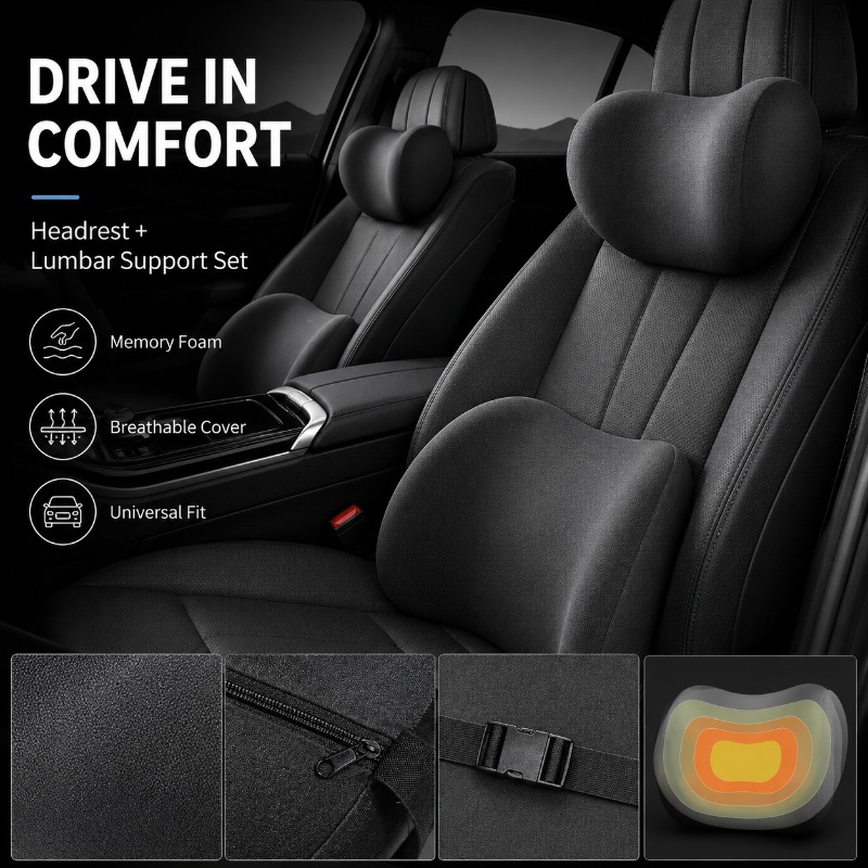 Memory Foam Car Neck Pillow Lumbar Support - Set Cuscino Poggiatesta e Supporto Lombare